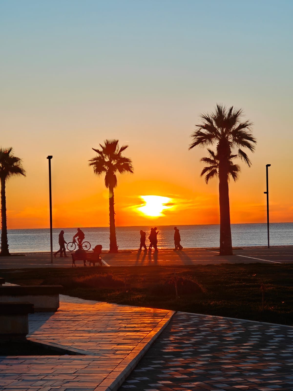 Tramonto sul lungomare di Saranda — palme in silhouette